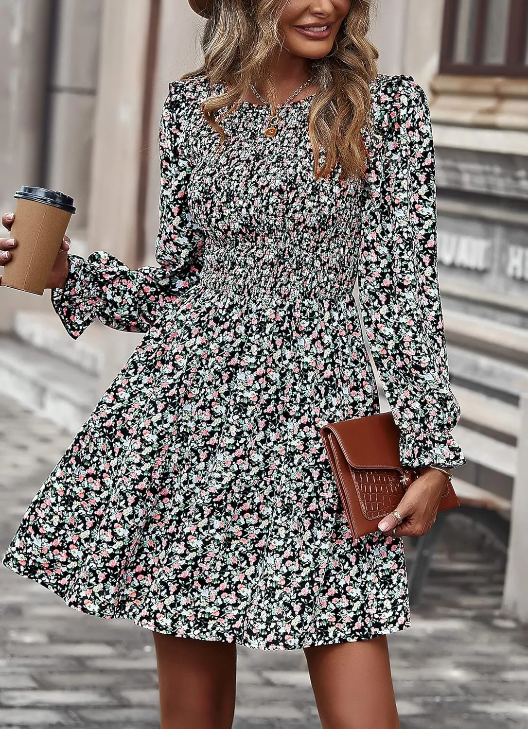 KIRUNDO Spring Dresses for Women 2025 Summer Smocked Long Sleeve Floral Crewneck Ruffle A Line Flowy Party Mini Dress