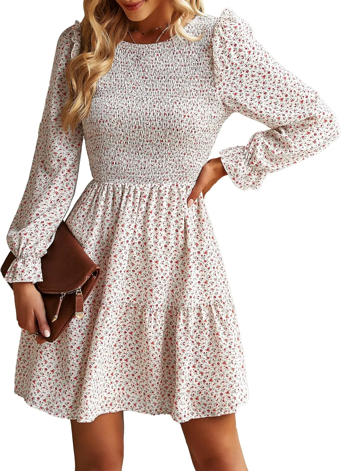 KIRUNDO Spring Dresses for Women 2025 Summer Smocked Long Sleeve Floral Crewneck Ruffle A Line Flowy Party Mini Dress
