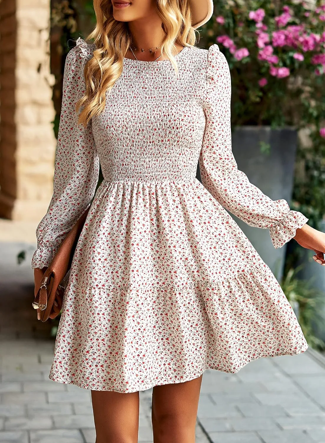KIRUNDO Spring Dresses for Women 2025 Summer Smocked Long Sleeve Floral Crewneck Ruffle A Line Flowy Party Mini Dress