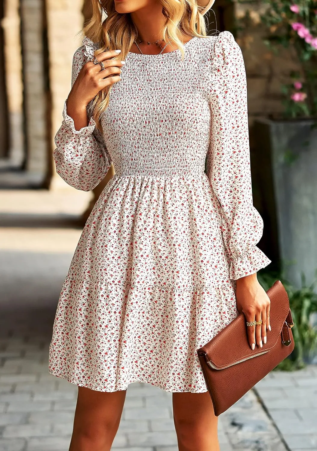 KIRUNDO Spring Dresses for Women 2025 Summer Smocked Long Sleeve Floral Crewneck Ruffle A Line Flowy Party Mini Dress