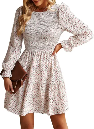 KIRUNDO Spring Dresses for Women 2025 Summer Smocked Long Sleeve Floral Crewneck Ruffle A Line Flowy Party Mini Dress