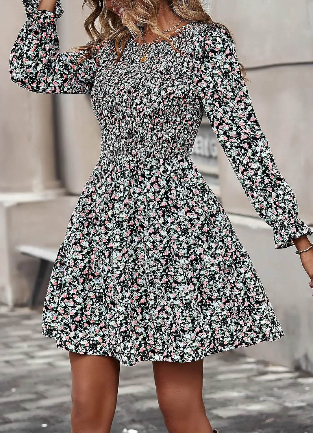 KIRUNDO Spring Dresses for Women 2025 Summer Smocked Long Sleeve Floral Crewneck Ruffle A Line Flowy Party Mini Dress