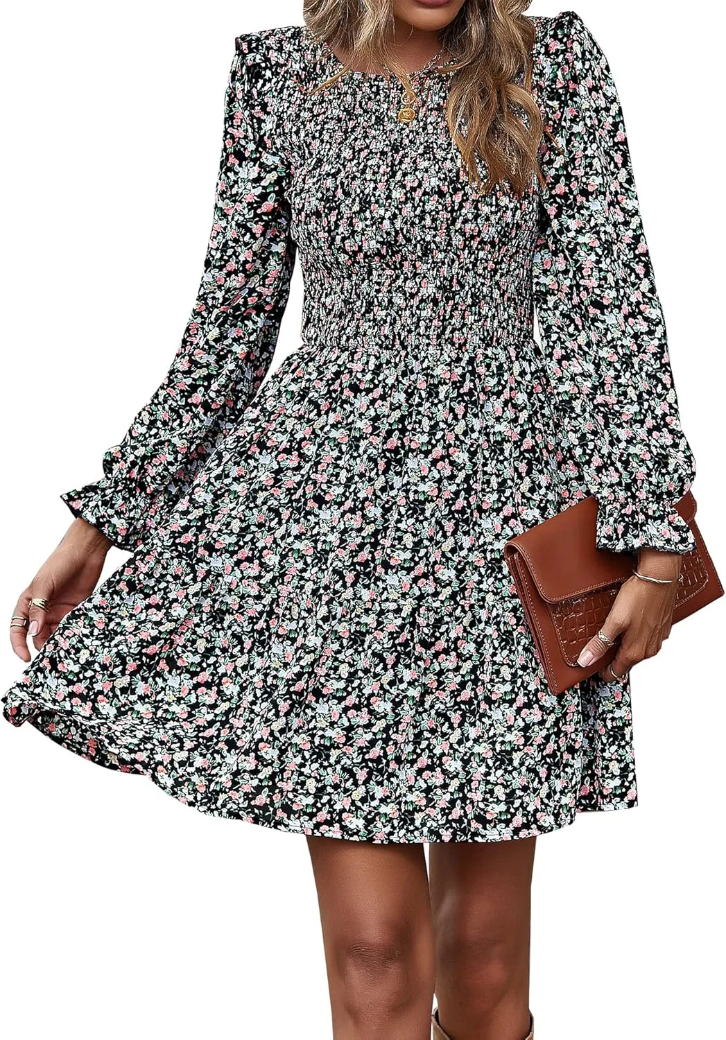 KIRUNDO Spring Dresses for Women 2025 Summer Smocked Long Sleeve Floral Crewneck Ruffle A Line Flowy Party Mini Dress
