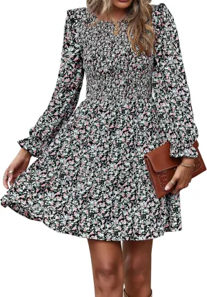 KIRUNDO Spring Dresses for Women 2025 Summer Smocked Long Sleeve Floral Crewneck Ruffle A Line Flowy Party Mini Dress