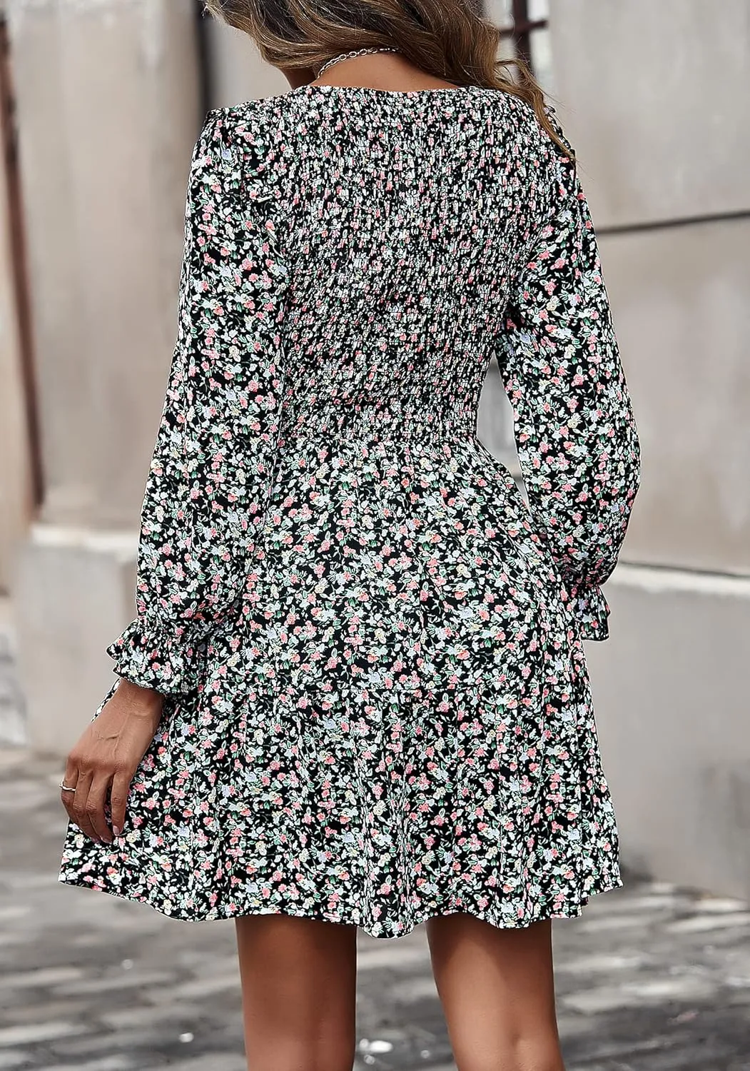 KIRUNDO Spring Dresses for Women 2025 Summer Smocked Long Sleeve Floral Crewneck Ruffle A Line Flowy Party Mini Dress