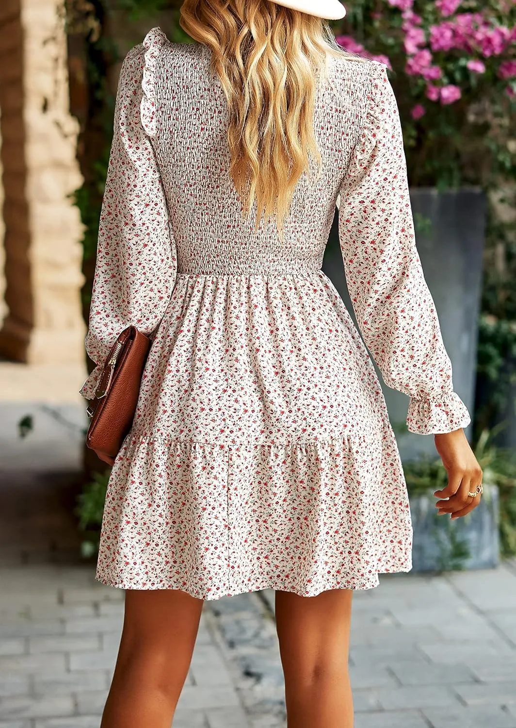 KIRUNDO Spring Dresses for Women 2025 Summer Smocked Long Sleeve Floral Crewneck Ruffle A Line Flowy Party Mini Dress