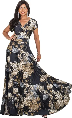 KOH KOH Womens Long Floral Print Cap Sleeve Modest Flowy Summer Maxi Dress Gown