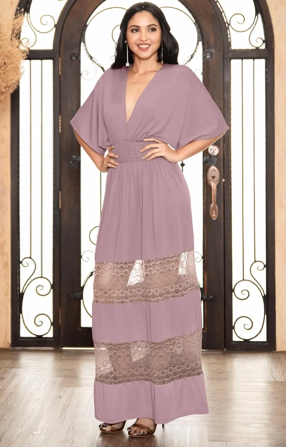 KOH KOH Womens Sexy Summer V-Neck Half Sleeve Layered Lace Maxi Dress