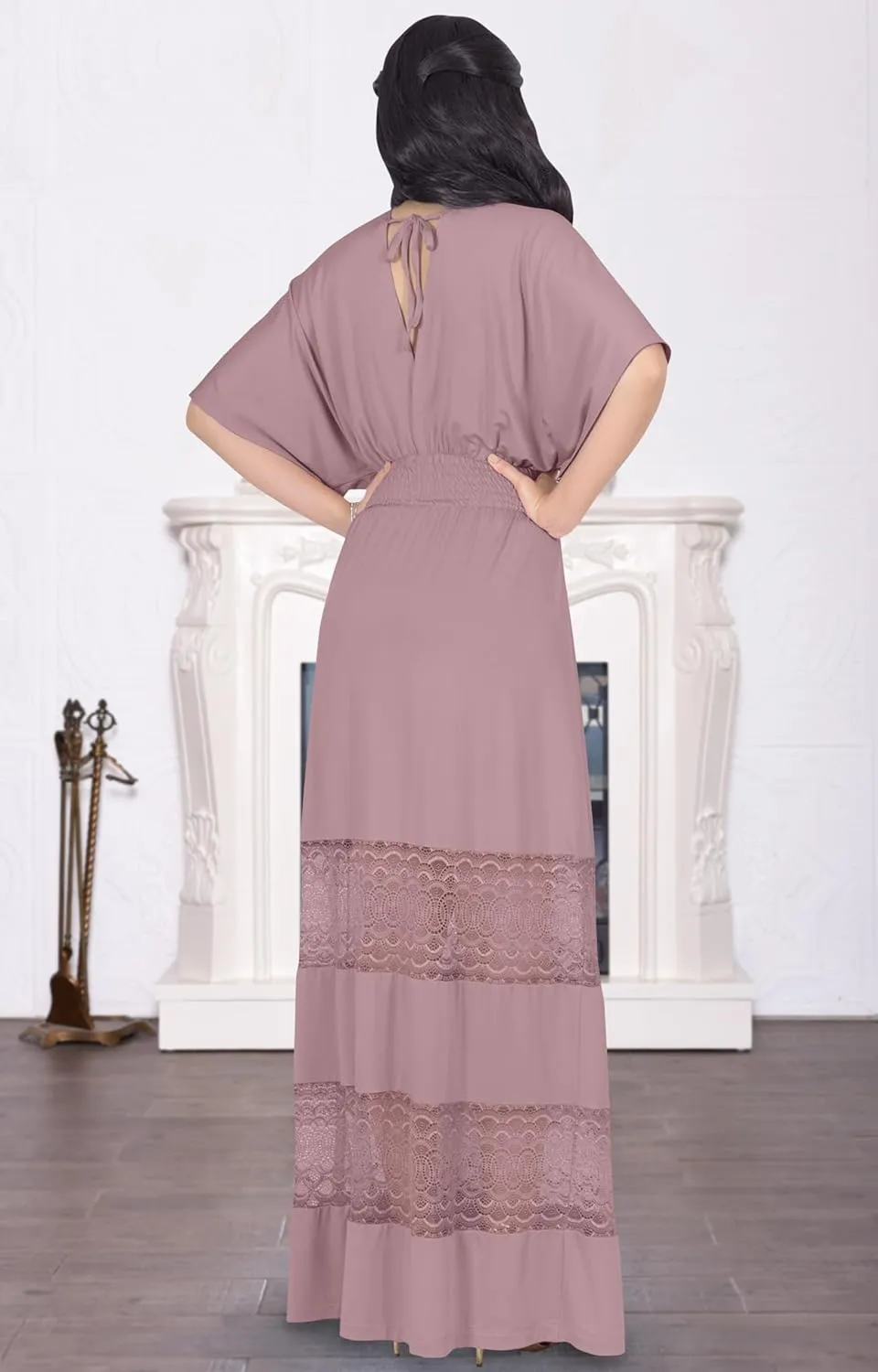 KOH KOH Womens Sexy Summer V-Neck Half Sleeve Layered Lace Maxi Dress