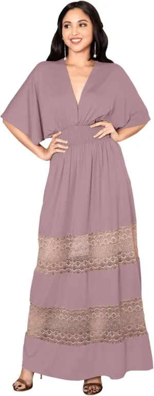 KOH KOH Womens Sexy Summer V-Neck Half Sleeve Layered Lace Maxi Dress