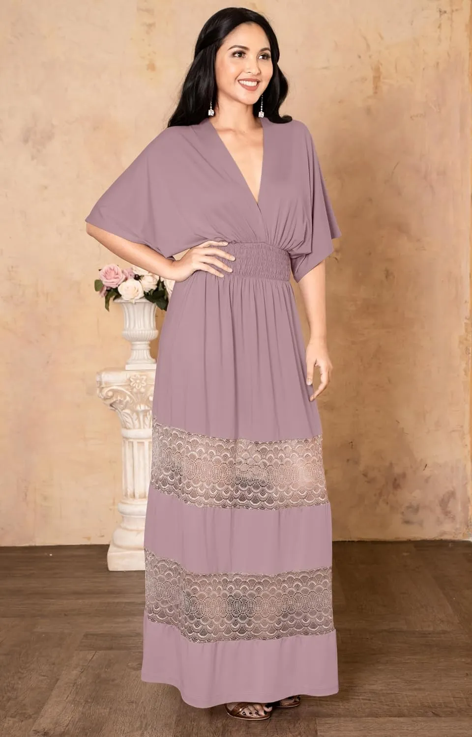 KOH KOH Womens Sexy Summer V-Neck Half Sleeve Layered Lace Maxi Dress