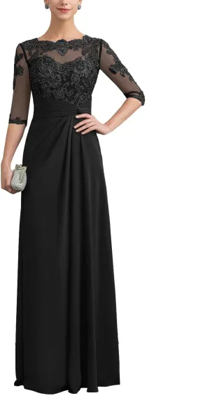 Lace Mother of The Bride Dresses for Wedding Long Formal Dress with Sleeves Ruffles Chiffon Evening Gowns
