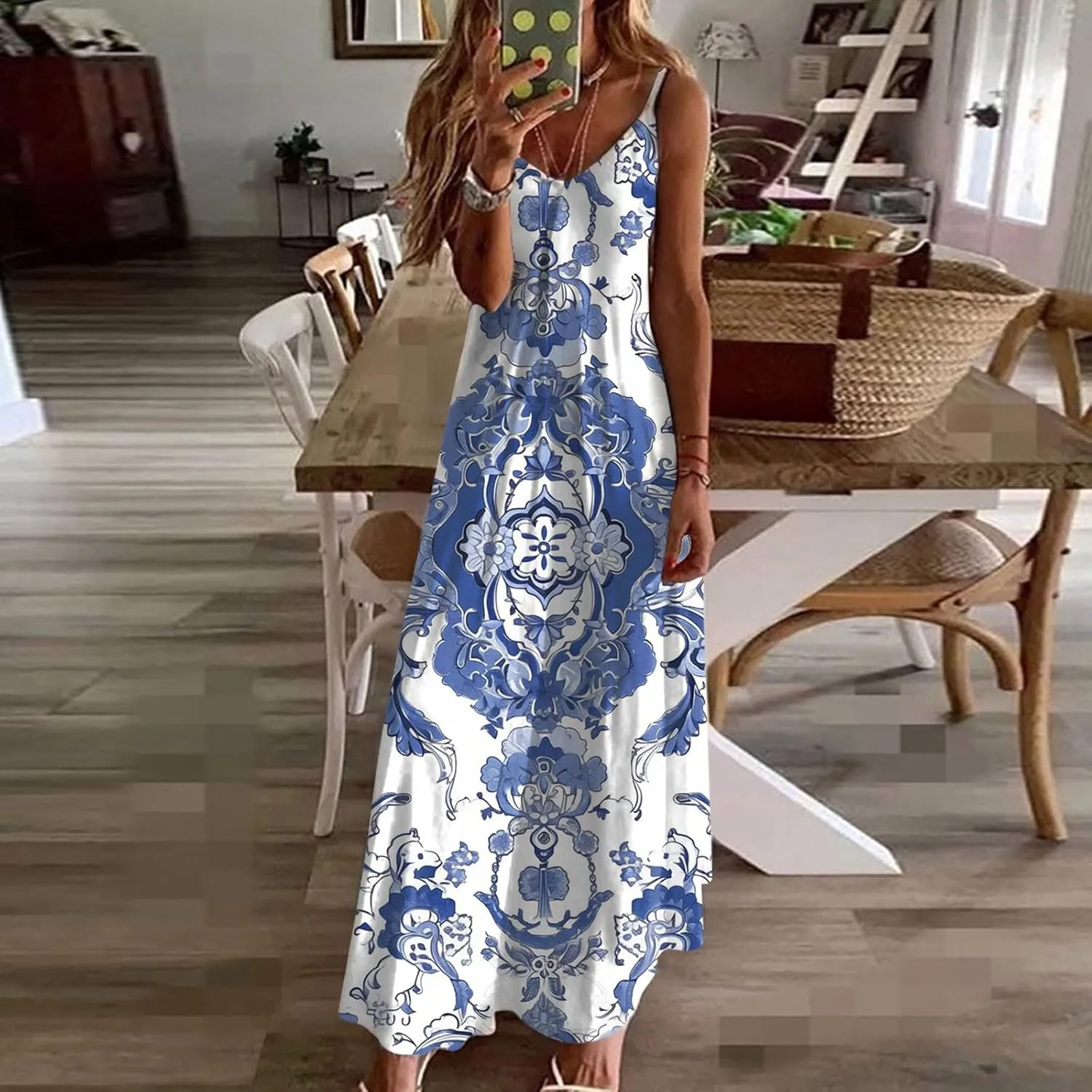 Lastesso Womens Summer Dresses Casual Spaghetti Strap Maxi Sundresses Relaxed Size Flower Dresses Beach Flowy Boho Dress