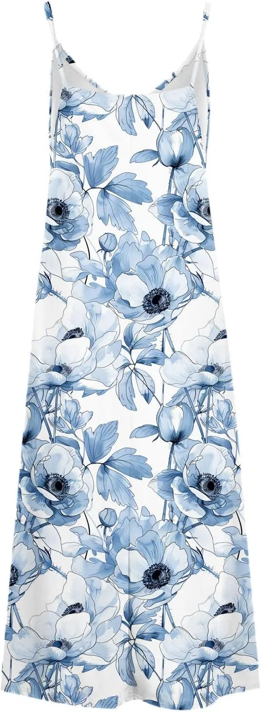 Lastesso Womens Summer Dresses Casual Spaghetti Strap Maxi Sundresses Relaxed Size Flower Dresses Beach Flowy Boho Dress