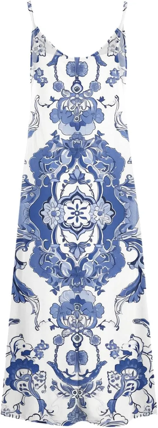 Lastesso Womens Summer Dresses Casual Spaghetti Strap Maxi Sundresses Relaxed Size Flower Dresses Beach Flowy Boho Dress