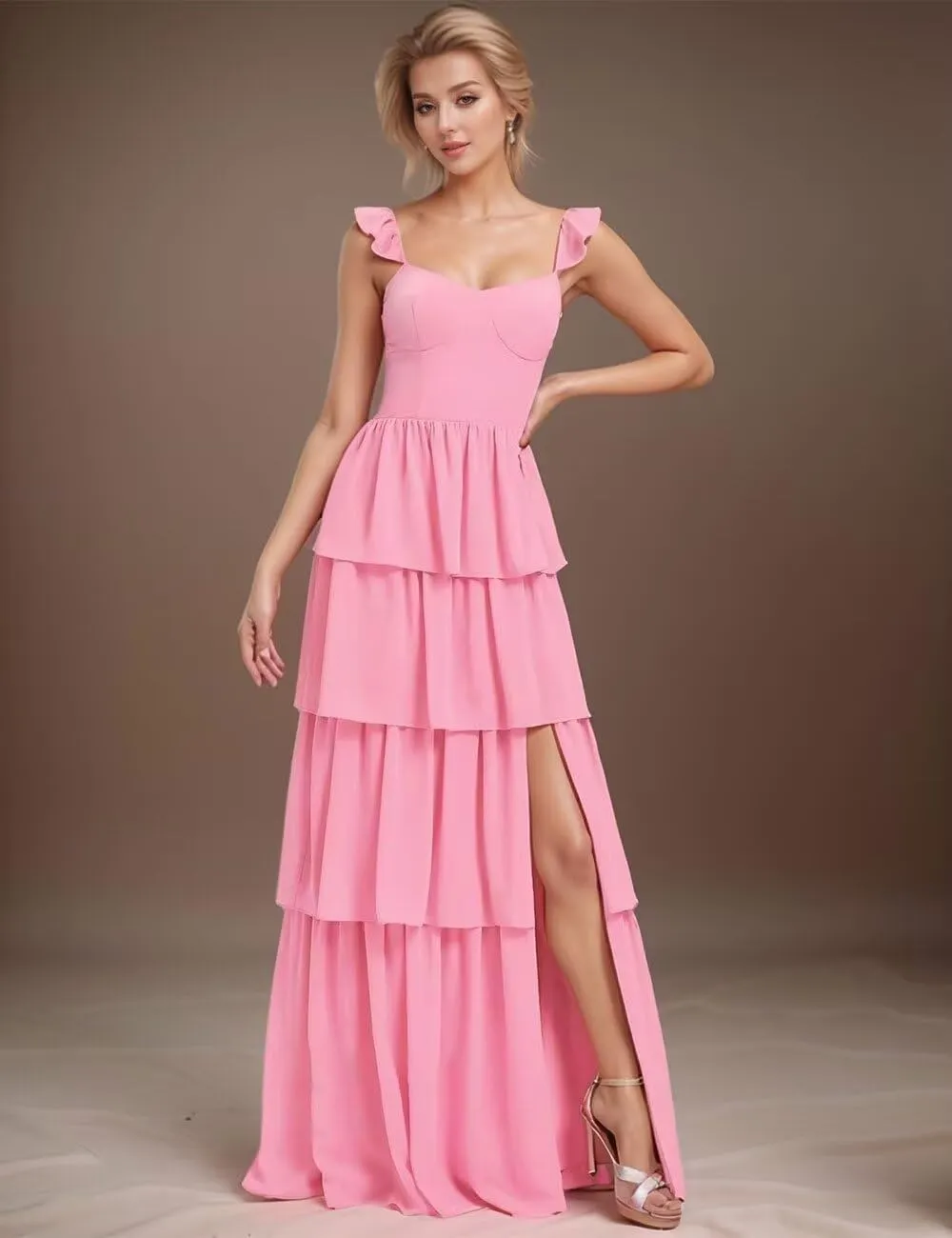 Layered Bridesmaid Dresses for Women 2025 with Sleeve Ruffle Chiffon Evening Gown with Slit Formal