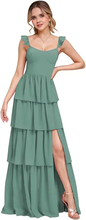 Layered Bridesmaid Dresses for Women 2025 with Sleeve Ruffle Chiffon Evening Gown with Slit Formal