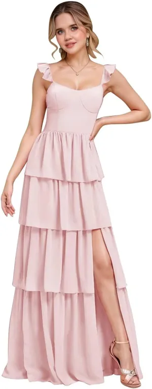 Layered Bridesmaid Dresses for Women 2025 with Sleeve Ruffle Chiffon Evening Gown with Slit Formal