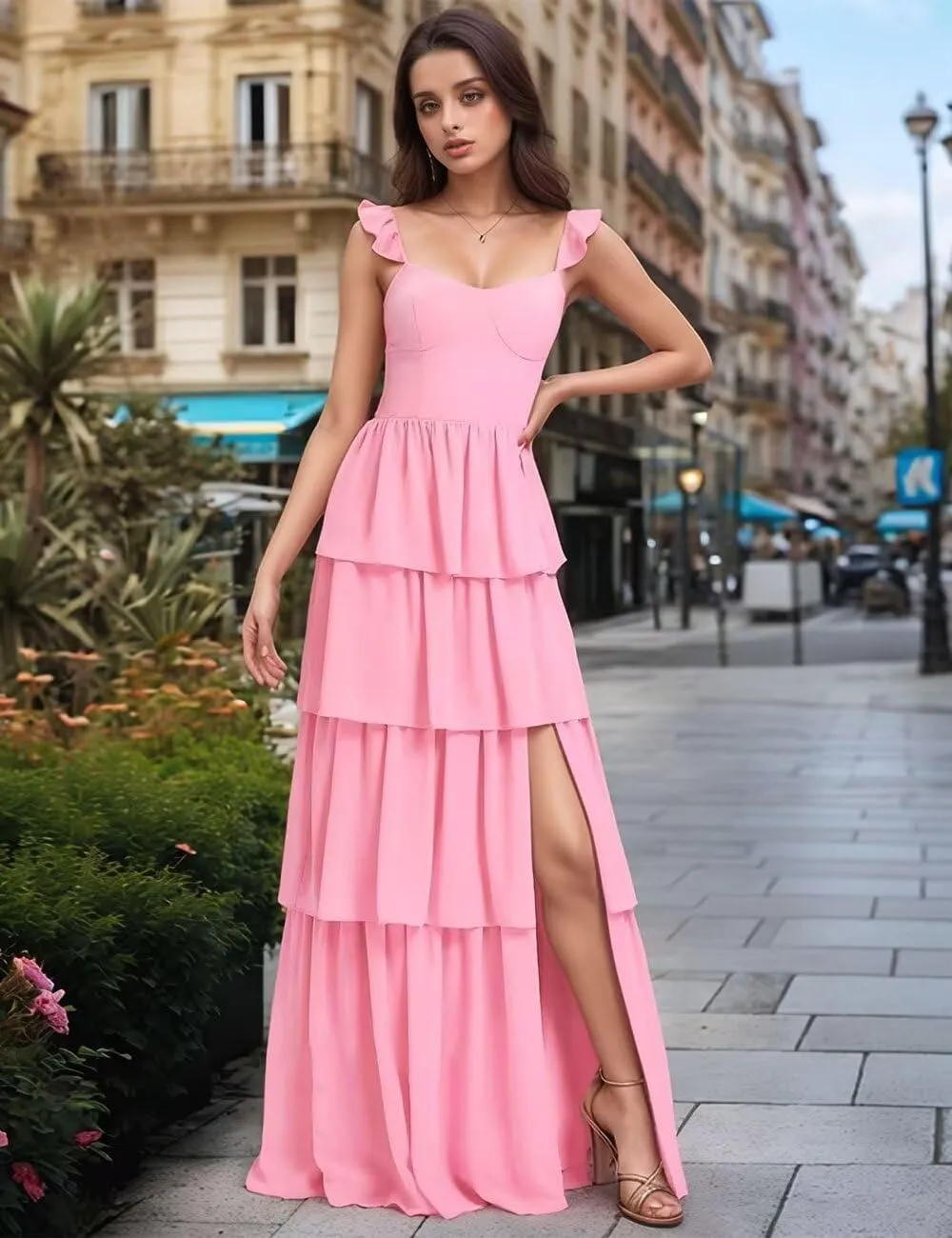 Layered Bridesmaid Dresses for Women 2025 with Sleeve Ruffle Chiffon Evening Gown with Slit Formal