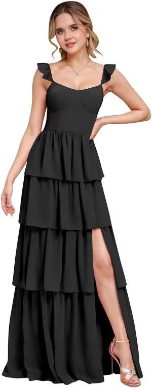 Layered Bridesmaid Dresses for Women 2025 with Sleeve Ruffle Chiffon Evening Gown with Slit Formal