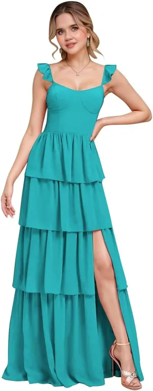 Layered Bridesmaid Dresses for Women 2025 with Sleeve Ruffle Chiffon Evening Gown with Slit Formal