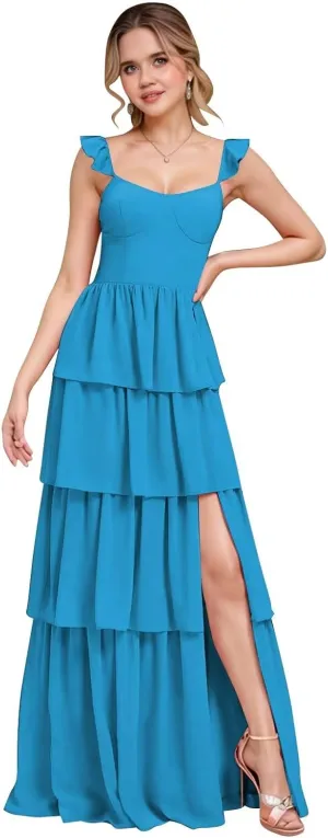Layered Bridesmaid Dresses for Women 2025 with Sleeve Ruffle Chiffon Evening Gown with Slit Formal