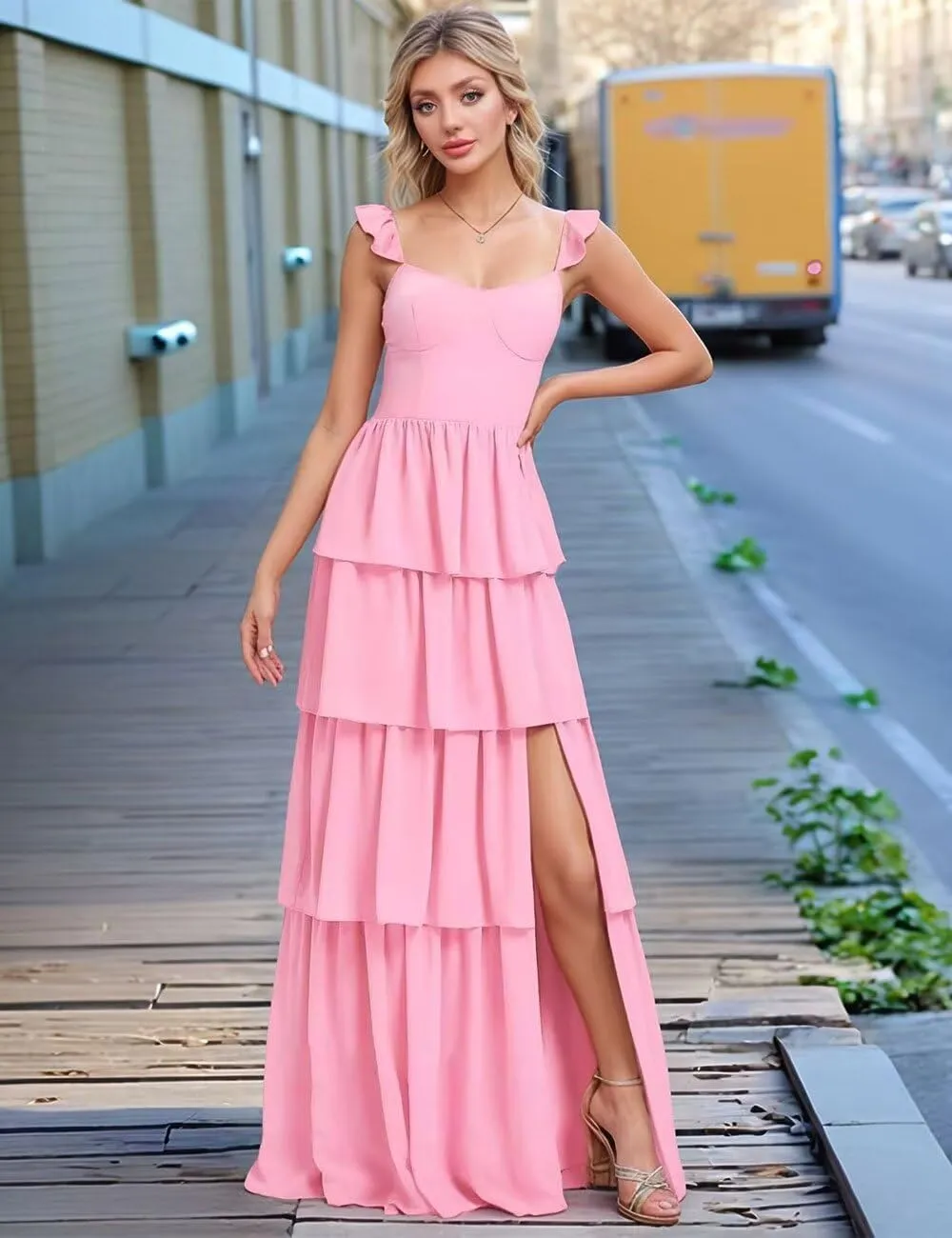 Layered Bridesmaid Dresses for Women 2025 with Sleeve Ruffle Chiffon Evening Gown with Slit Formal