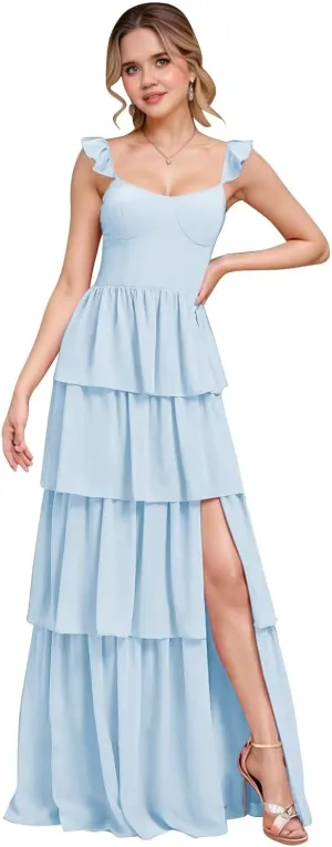 Layered Bridesmaid Dresses for Women 2025 with Sleeve Ruffle Chiffon Evening Gown with Slit Formal