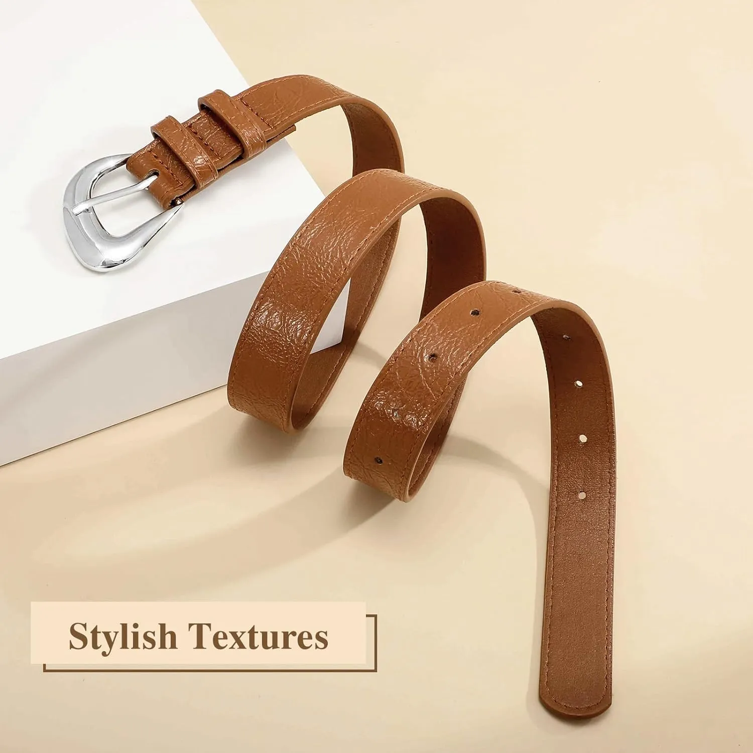 Leather Belt for Women Fashion Ladies Waist Belt with Silver Buckle for Jeans Pants Dress