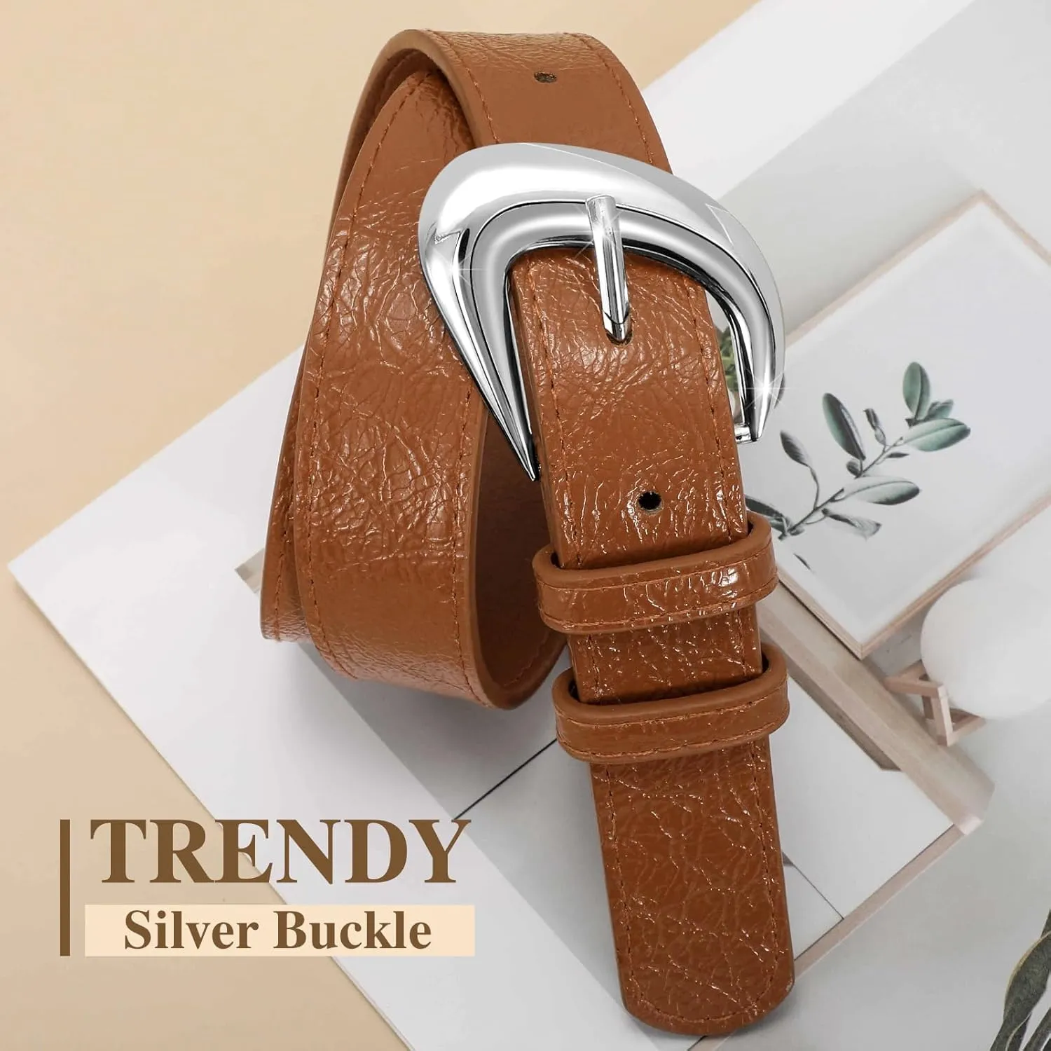 Leather Belt for Women Fashion Ladies Waist Belt with Silver Buckle for Jeans Pants Dress