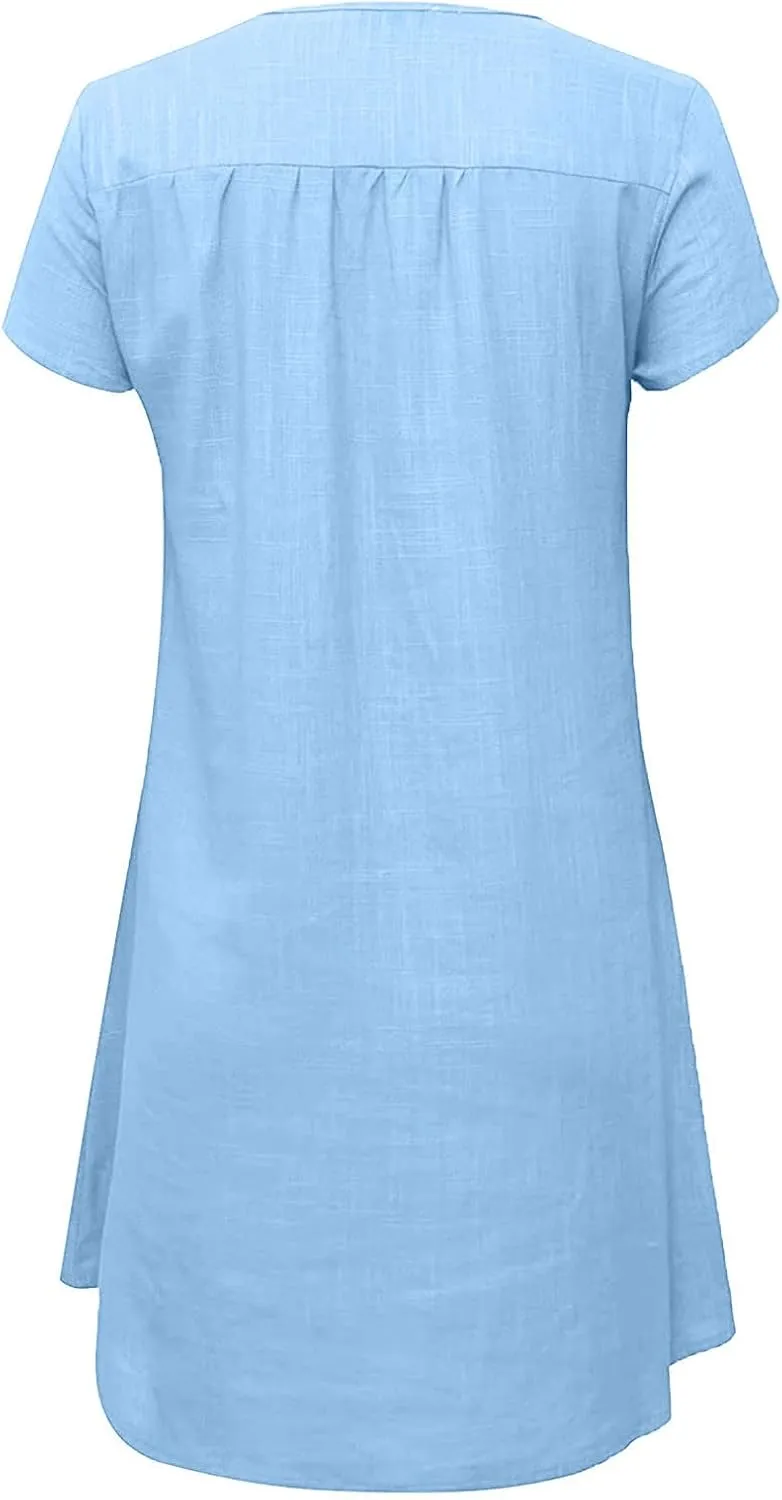 LFEOOST Plus Size Summer Dresses for Women 2023 Fashion Short Sleeve Casual V Neck Solid Loose Ladies Cotton Linen Midi Dress