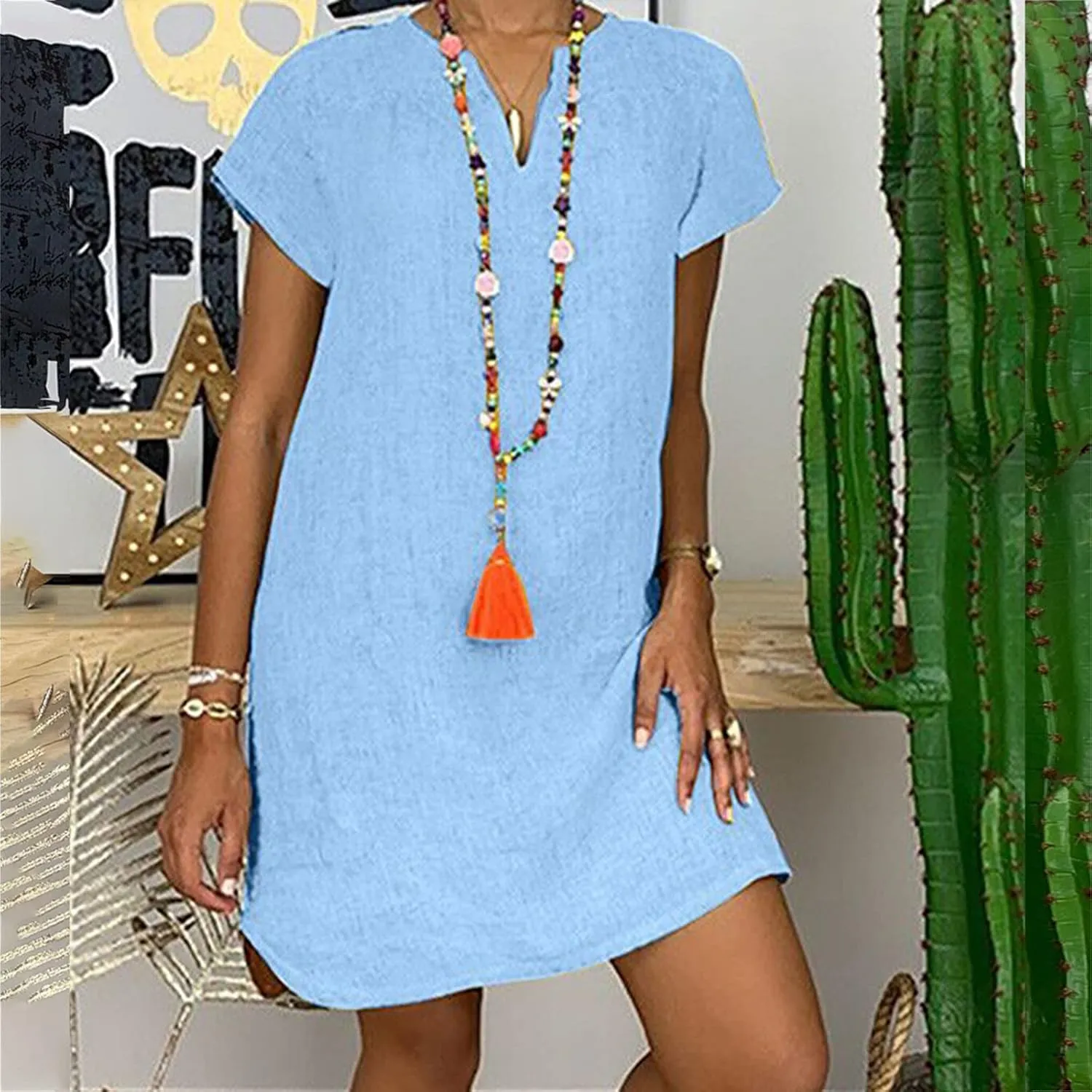 LFEOOST Plus Size Summer Dresses for Women 2023 Fashion Short Sleeve Casual V Neck Solid Loose Ladies Cotton Linen Midi Dress