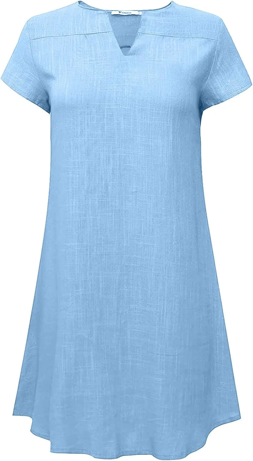 LFEOOST Plus Size Summer Dresses for Women 2023 Fashion Short Sleeve Casual V Neck Solid Loose Ladies Cotton Linen Midi Dress