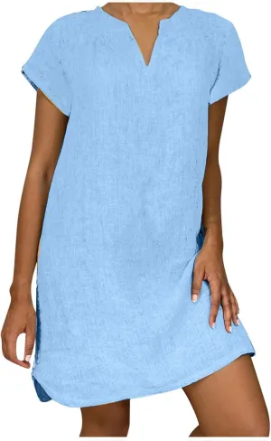 LFEOOST Plus Size Summer Dresses for Women 2023 Fashion Short Sleeve Casual V Neck Solid Loose Ladies Cotton Linen Midi Dress