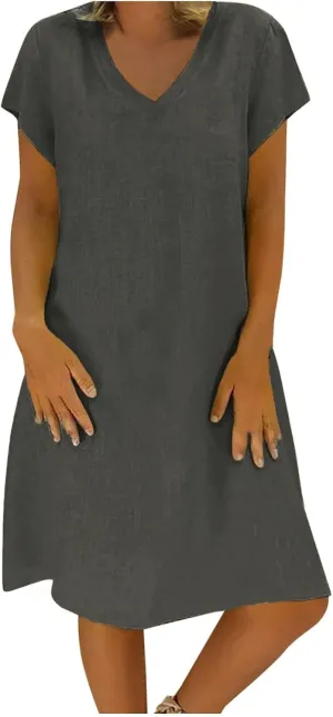 Linen Cotton Dresses for Women 2025 Cap Sleeve Midi Dress Beach Vacation Sundress Loose Casual V Neck Shirt Dresses