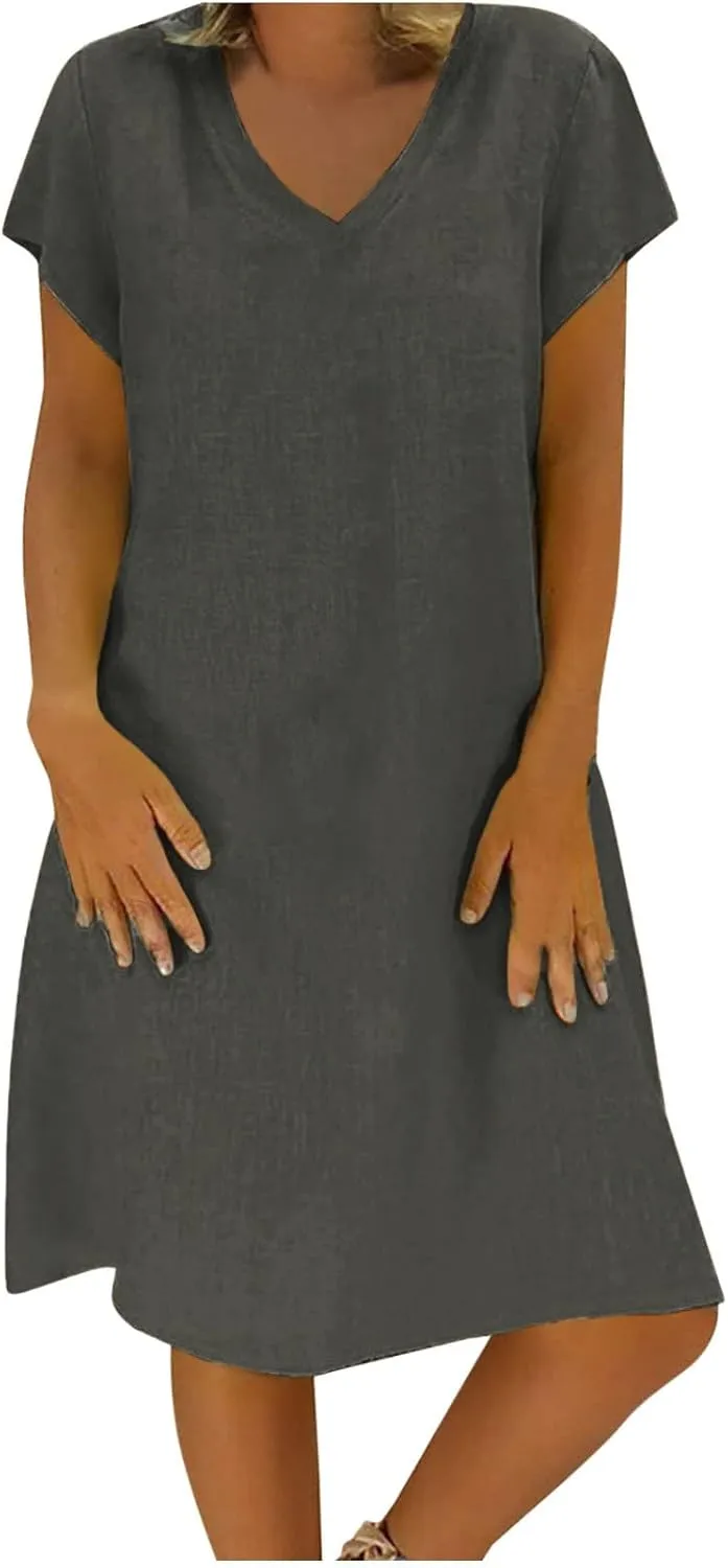 Linen Cotton Dresses for Women 2025 Cap Sleeve Midi Dress Beach Vacation Sundress Loose Casual V Neck Shirt Dresses