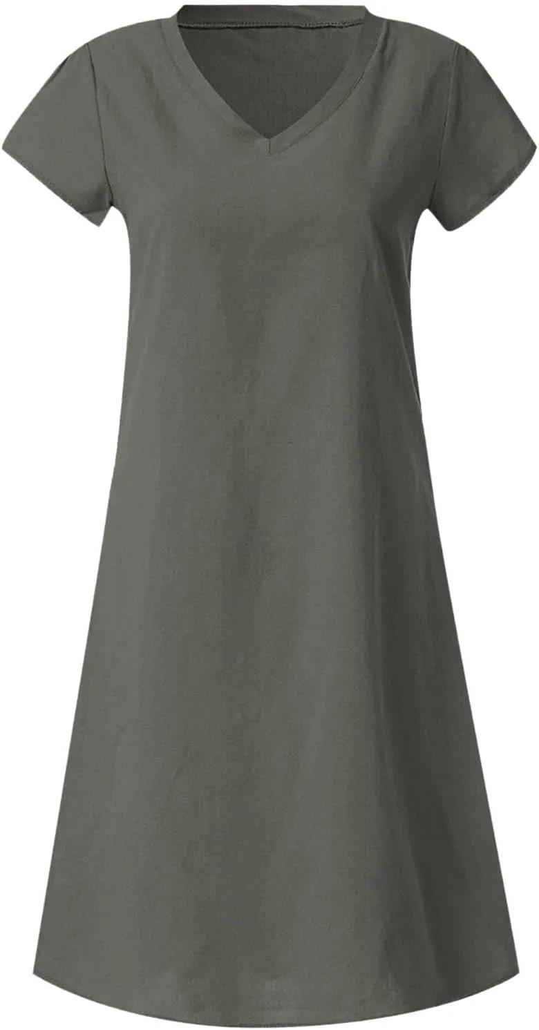 Linen Cotton Dresses for Women 2025 Cap Sleeve Midi Dress Beach Vacation Sundress Loose Casual V Neck Shirt Dresses