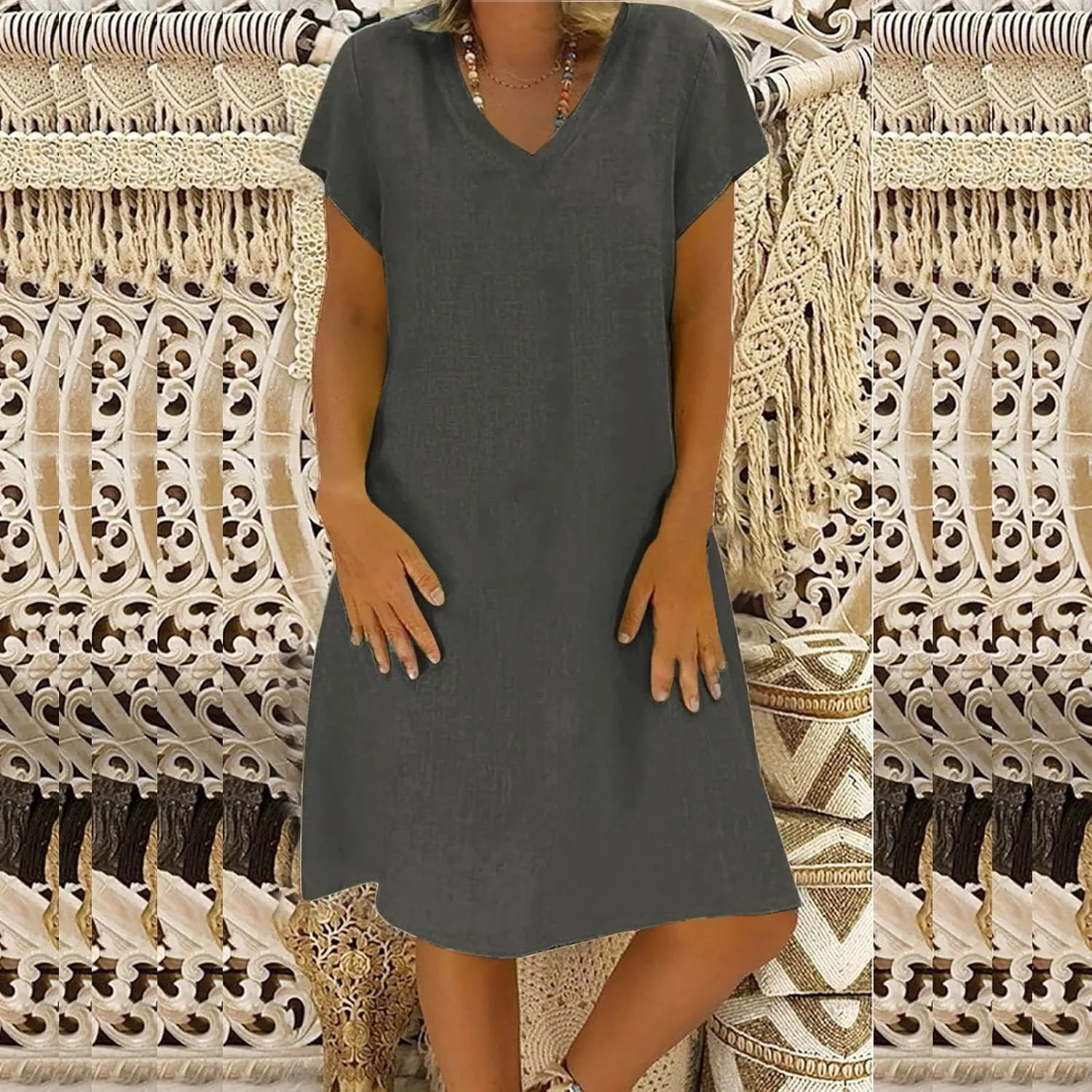 Linen Cotton Dresses for Women 2025 Cap Sleeve Midi Dress Beach Vacation Sundress Loose Casual V Neck Shirt Dresses
