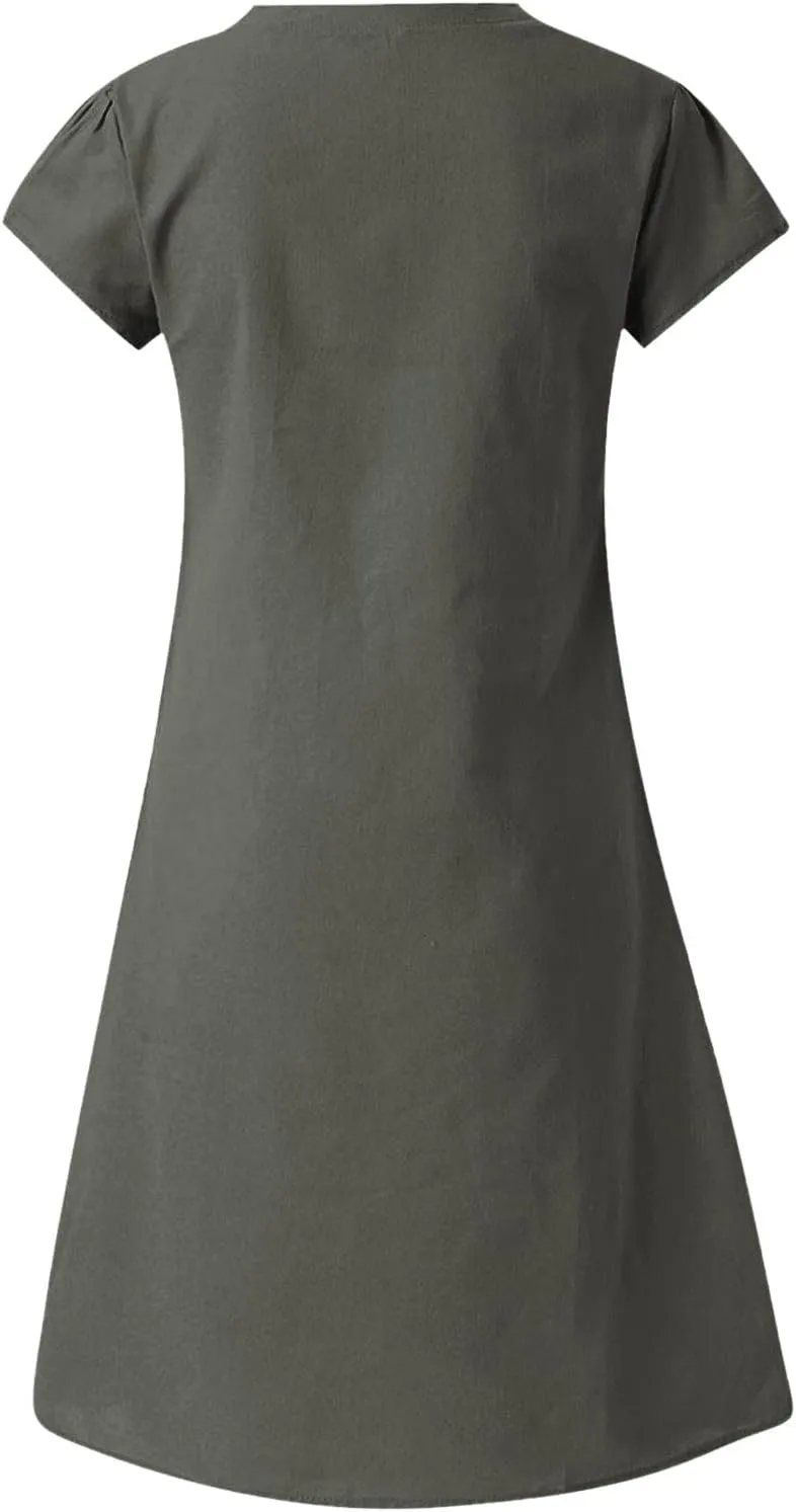 Linen Cotton Dresses for Women 2025 Cap Sleeve Midi Dress Beach Vacation Sundress Loose Casual V Neck Shirt Dresses