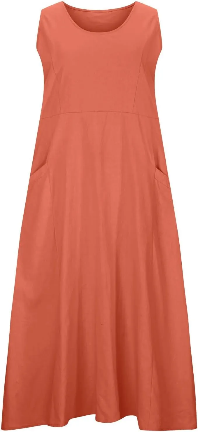 Linen Dresses for Women 2025 Summer Casual Sleeveless Sundress Loose Flowy Beach Vacation Midi Dress with Pockets