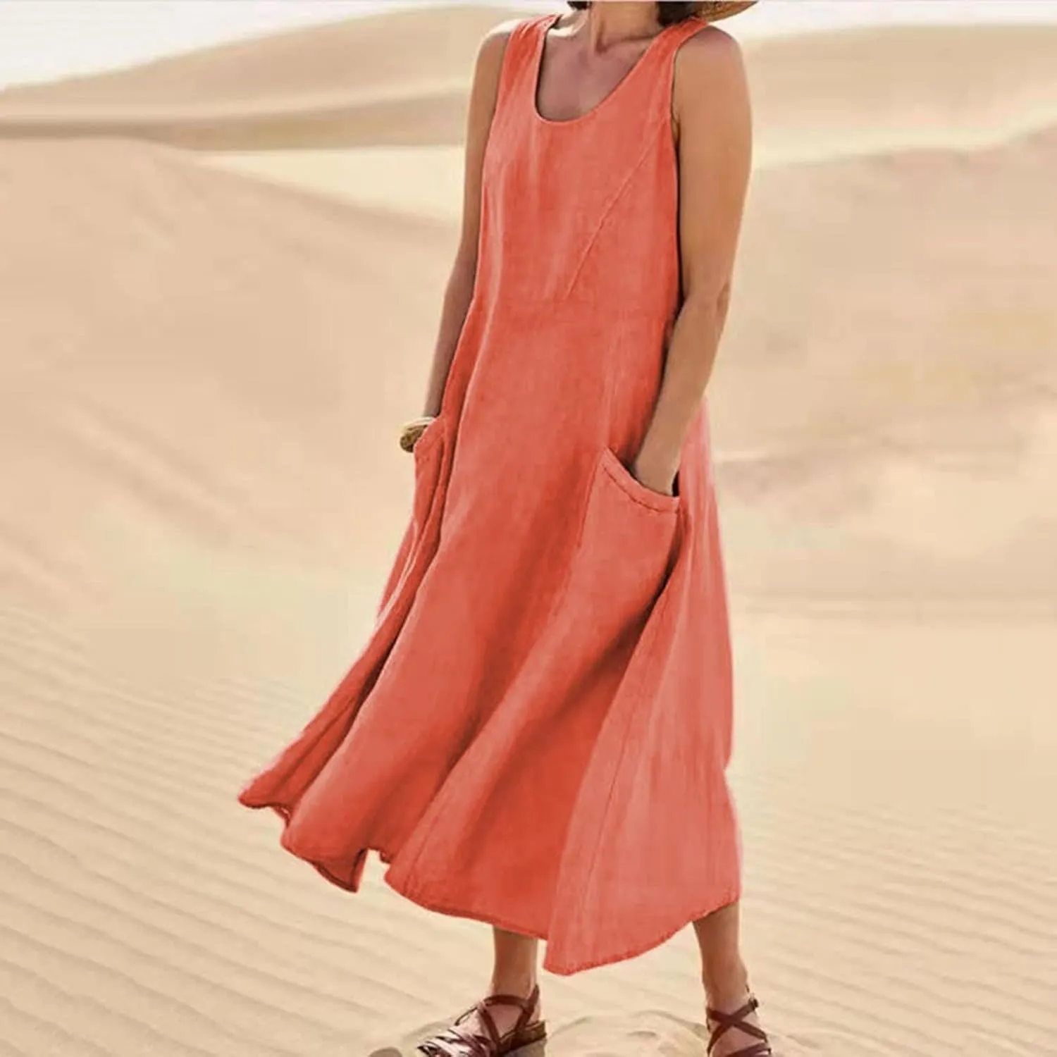 Linen Dresses for Women 2025 Summer Casual Sleeveless Sundress Loose Flowy Beach Vacation Midi Dress with Pockets