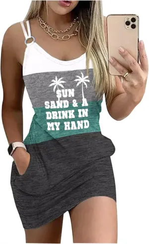 Live Simple Coconut Tree Color Block Pocket Mini Dress Women Summer Beach Sleeveless Strap Tshirt