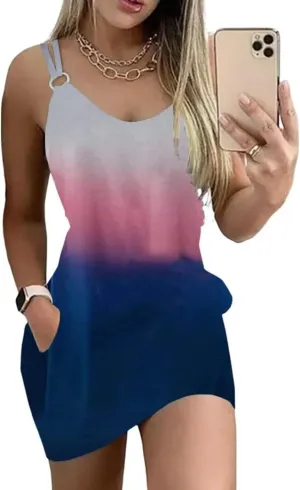 Live Simple Coconut Tree Color Block Pocket Mini Dress Women Summer Beach Sleeveless Strap Tshirt