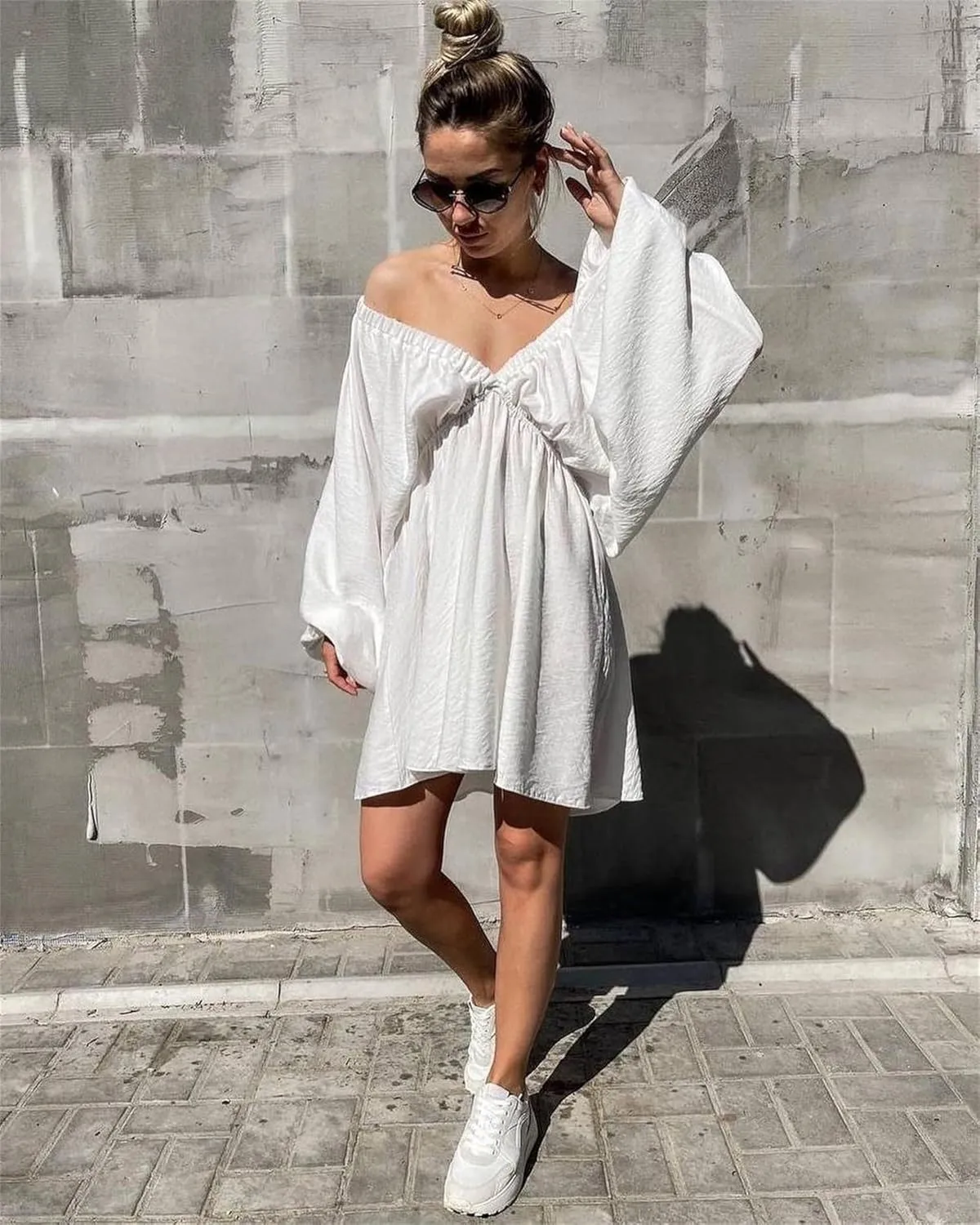 LOFAAC Women Sexy Deep V Neck Puff Long Sleeve Mini Dress Backless High Waist Ruffle Short Dress Party Club Fall Dress
