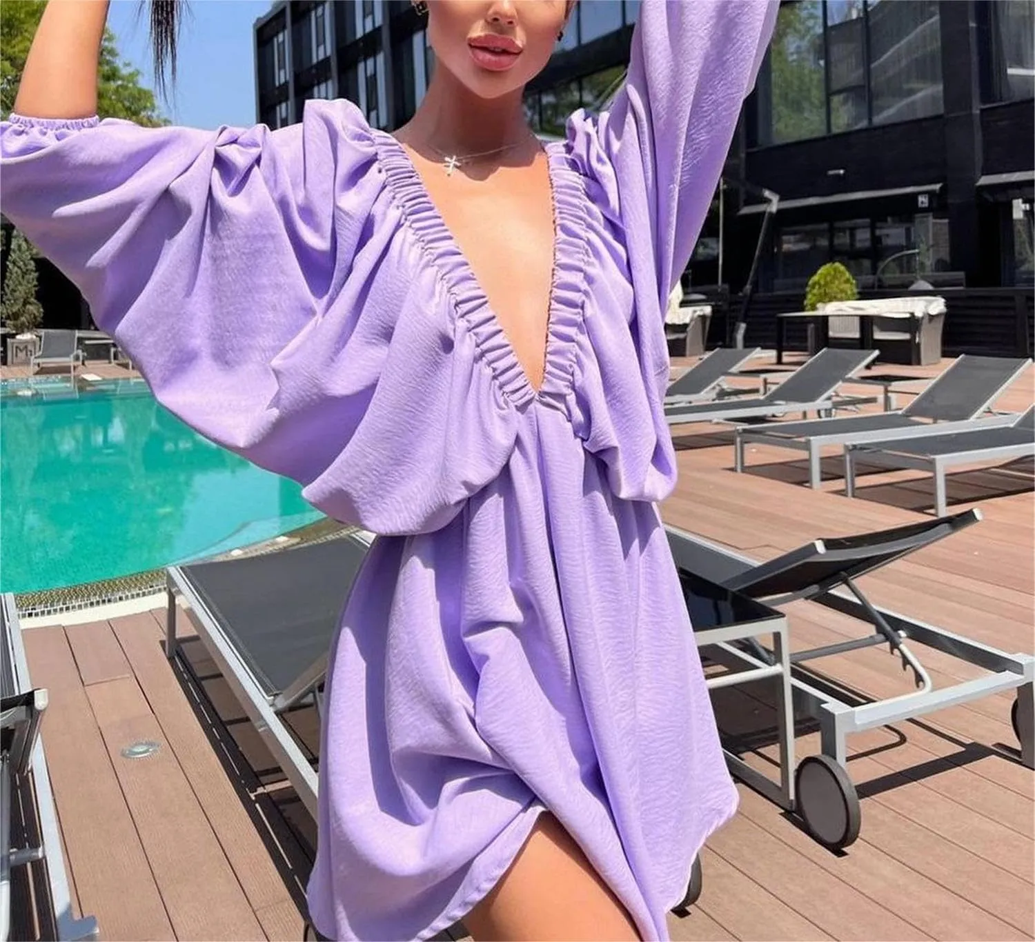 LOFAAC Women Sexy Deep V Neck Puff Long Sleeve Mini Dress Backless High Waist Ruffle Short Dress Party Club Fall Dress