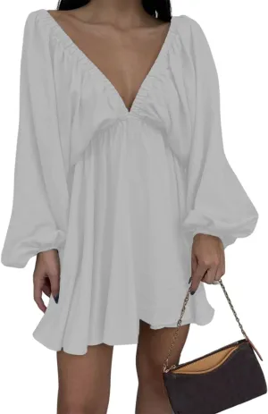 LOFAAC Women Sexy Deep V Neck Puff Long Sleeve Mini Dress Backless High Waist Ruffle Short Dress Party Club Fall Dress