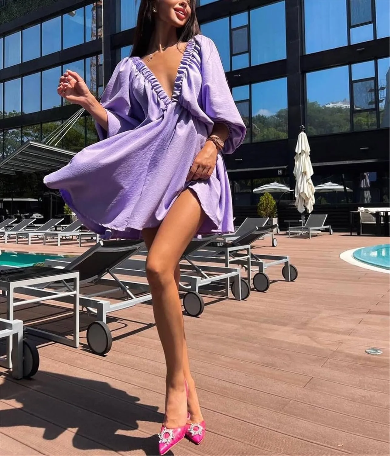 LOFAAC Women Sexy Deep V Neck Puff Long Sleeve Mini Dress Backless High Waist Ruffle Short Dress Party Club Fall Dress