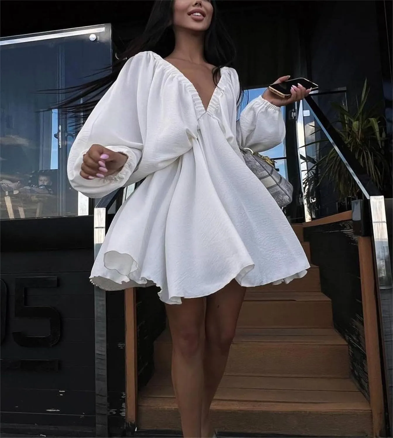 LOFAAC Women Sexy Deep V Neck Puff Long Sleeve Mini Dress Backless High Waist Ruffle Short Dress Party Club Fall Dress