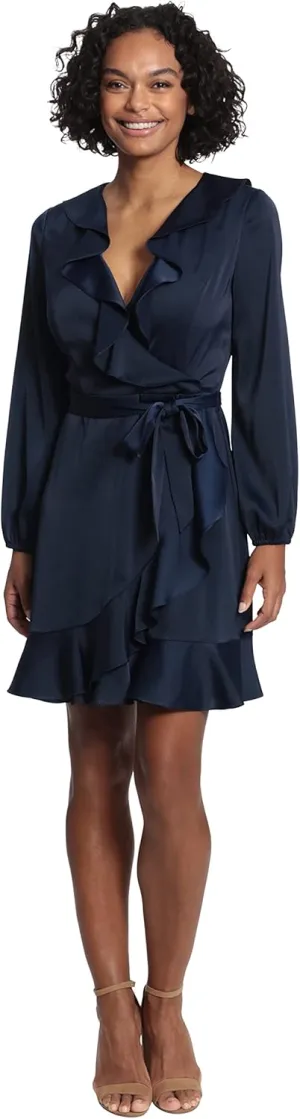 London Times Women's Long Sleeve Surplus V-Neck Faux Wrap Dress with Ruffle Details