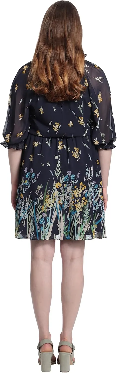 London Times Women's Ruffle Mock Neck Raglan Sleeve Dress with Border Printed A-line Skirt
